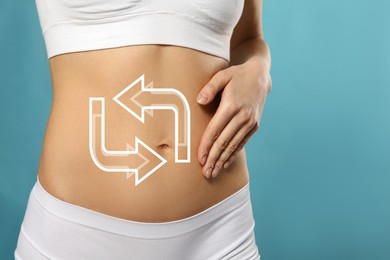 Image of Woman with healthy digestion on light blue background, closeup. Arrows symbolizing proper functioning of digestive tract