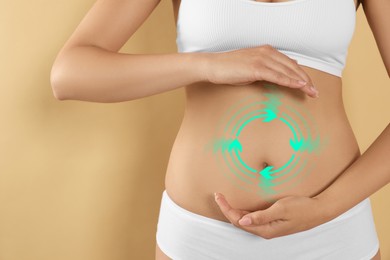 Image of Woman with healthy digestion on dark beige background, closeup. Arrows symbolizing proper functioning of digestive tract