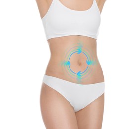 Image of Woman with healthy digestion on white background, closeup. Arrows symbolizing proper functioning of digestive tract