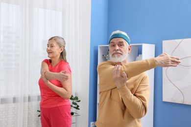 Photo of Elderly couple exercising at home. Healthy leisure