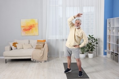 Photo of Elderly man exercising at home. Healthy leisure