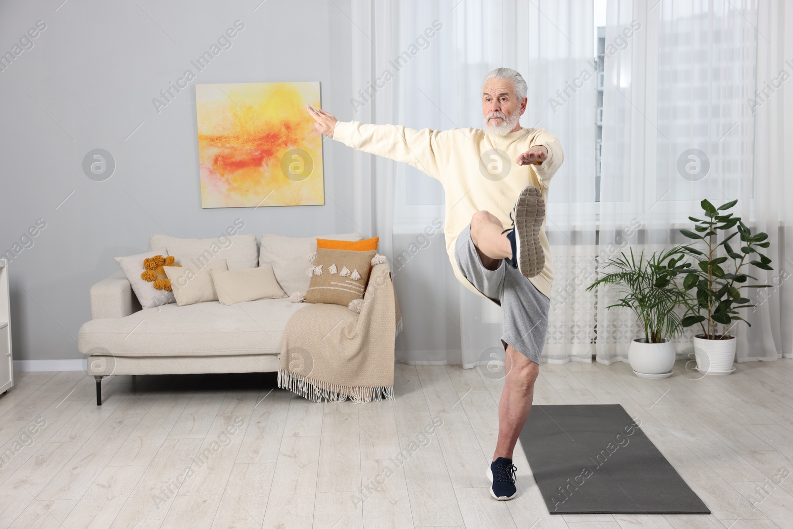 Photo of Elderly man exercising at home. Healthy leisure