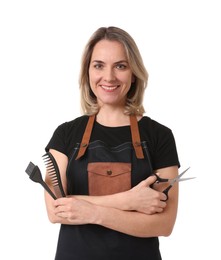 Photo of Smiling hairdresser with comb, hair dye brush and scissors on white background