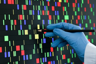 Photo of Scientist analyzing DNA data in laboratory, closeup