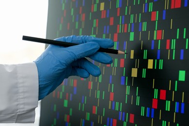 Photo of Scientist analyzing DNA data in laboratory, closeup