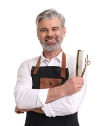 Photo of Smiling hairdresser with comb and scissors on white background