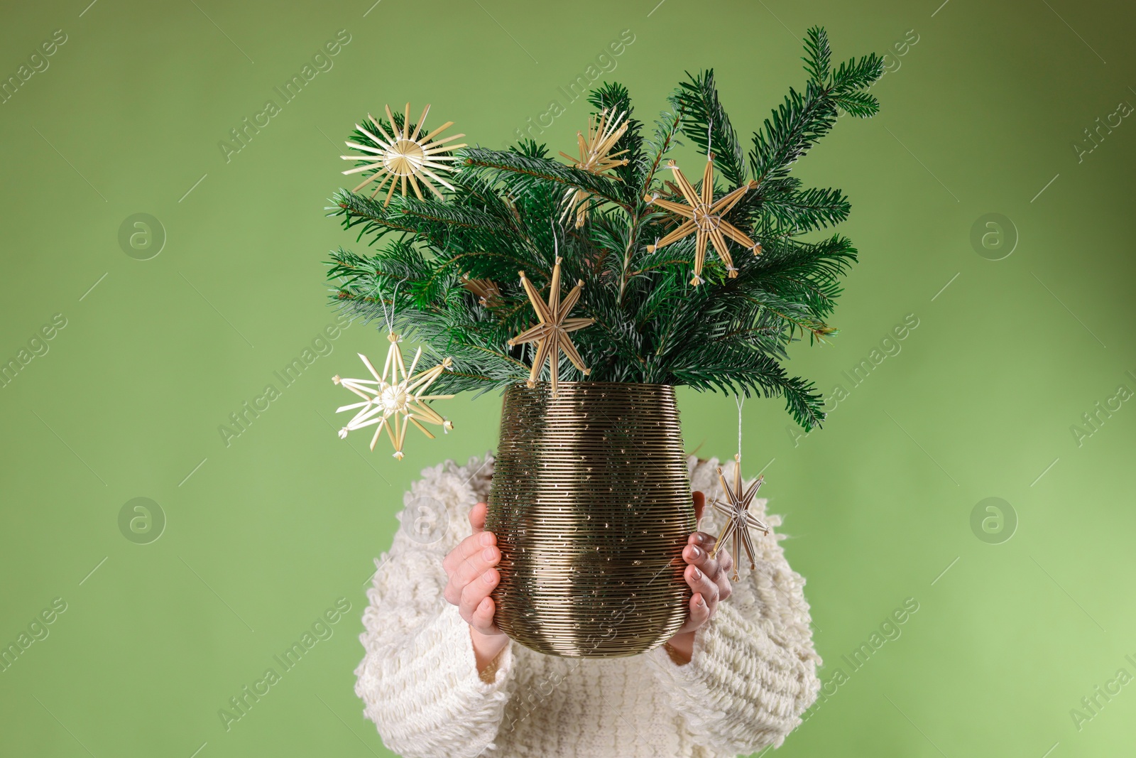 Photo of Woman holding beautiful Christmas composition of decorated fir tree branches on light green background