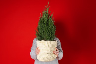 Photo of Woman with potted juniper tree on red background. Christmas decor