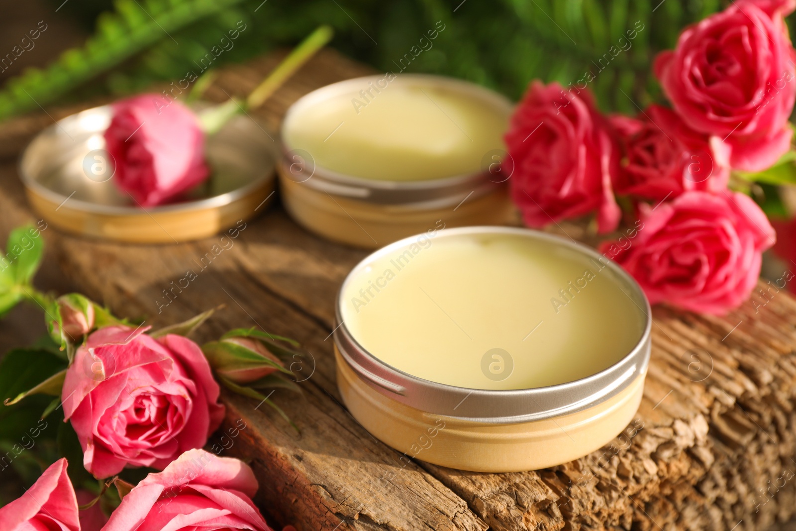 Photo of Natural solid perfume and pink roses on wood, closeup