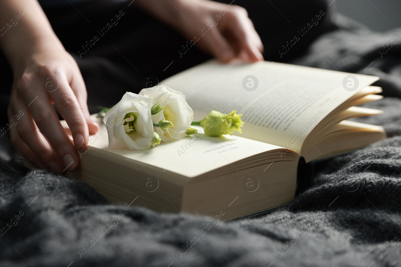 Photo of Woman reading book with beautiful flowers on blanket, closeup