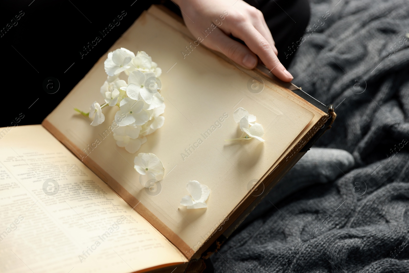 Photo of Woman reading book with beautiful flowers on blanket, closeup