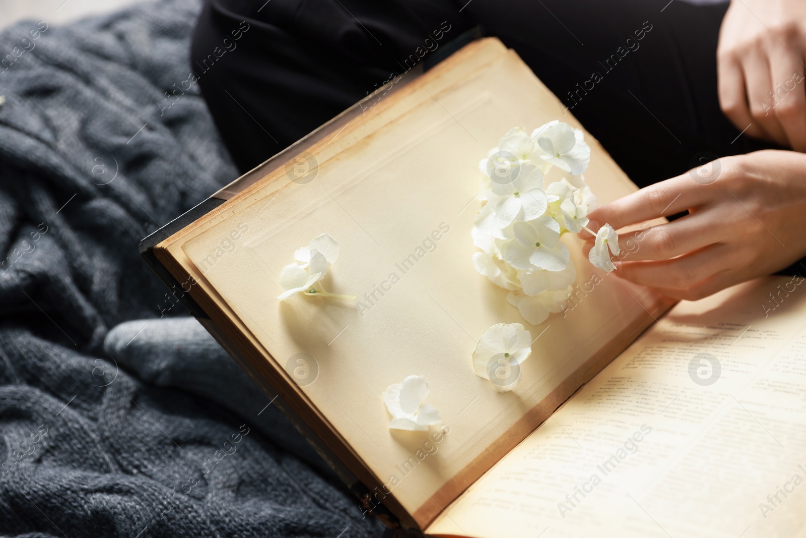 Photo of Woman reading book with beautiful flowers on blanket, closeup