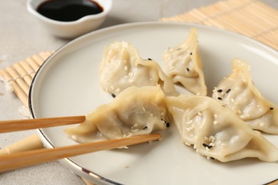 Photo of Eating tasty gyoza dumplings at light table, closeup