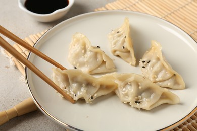 Photo of Eating tasty gyoza dumplings at light table, closeup