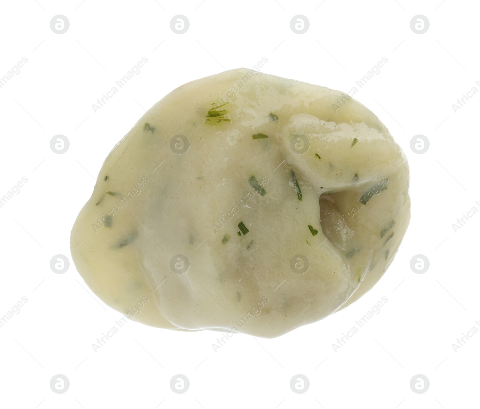 Photo of One delicious dumpling with spices isolated on white