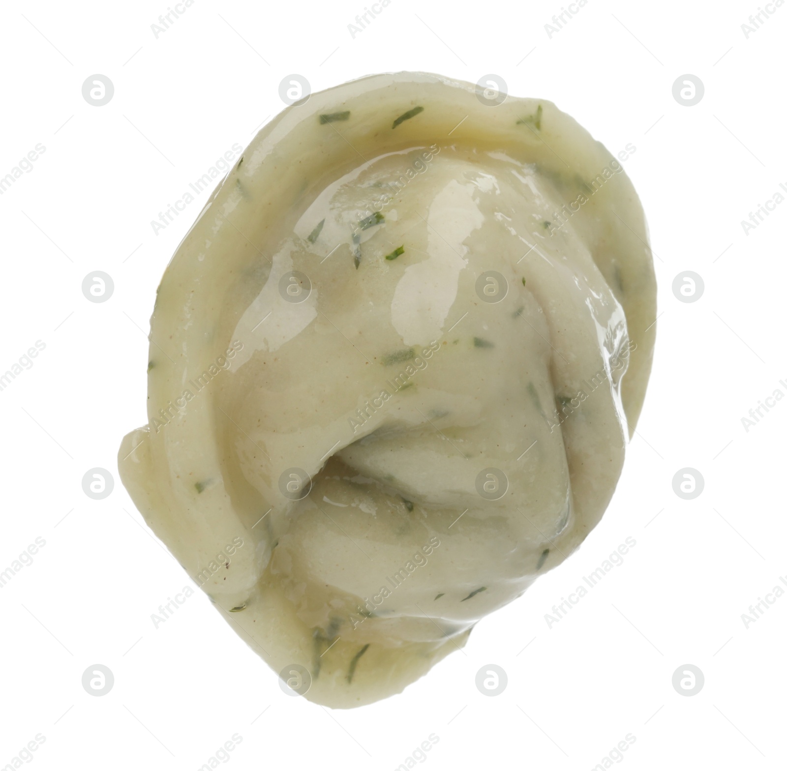 Photo of One delicious dumpling with spices isolated on white