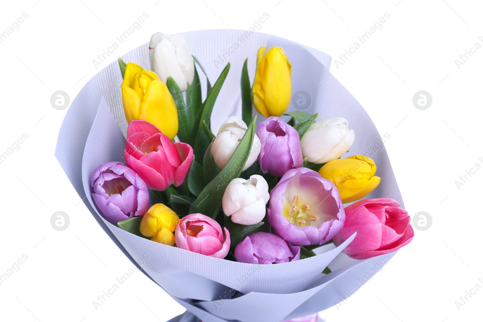 Photo of Bouquet of beautiful bright tulips isolated on white