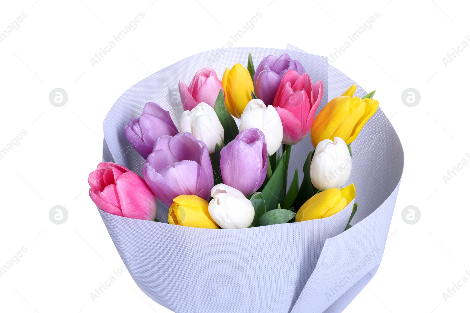 Photo of Bouquet of beautiful bright tulips isolated on white