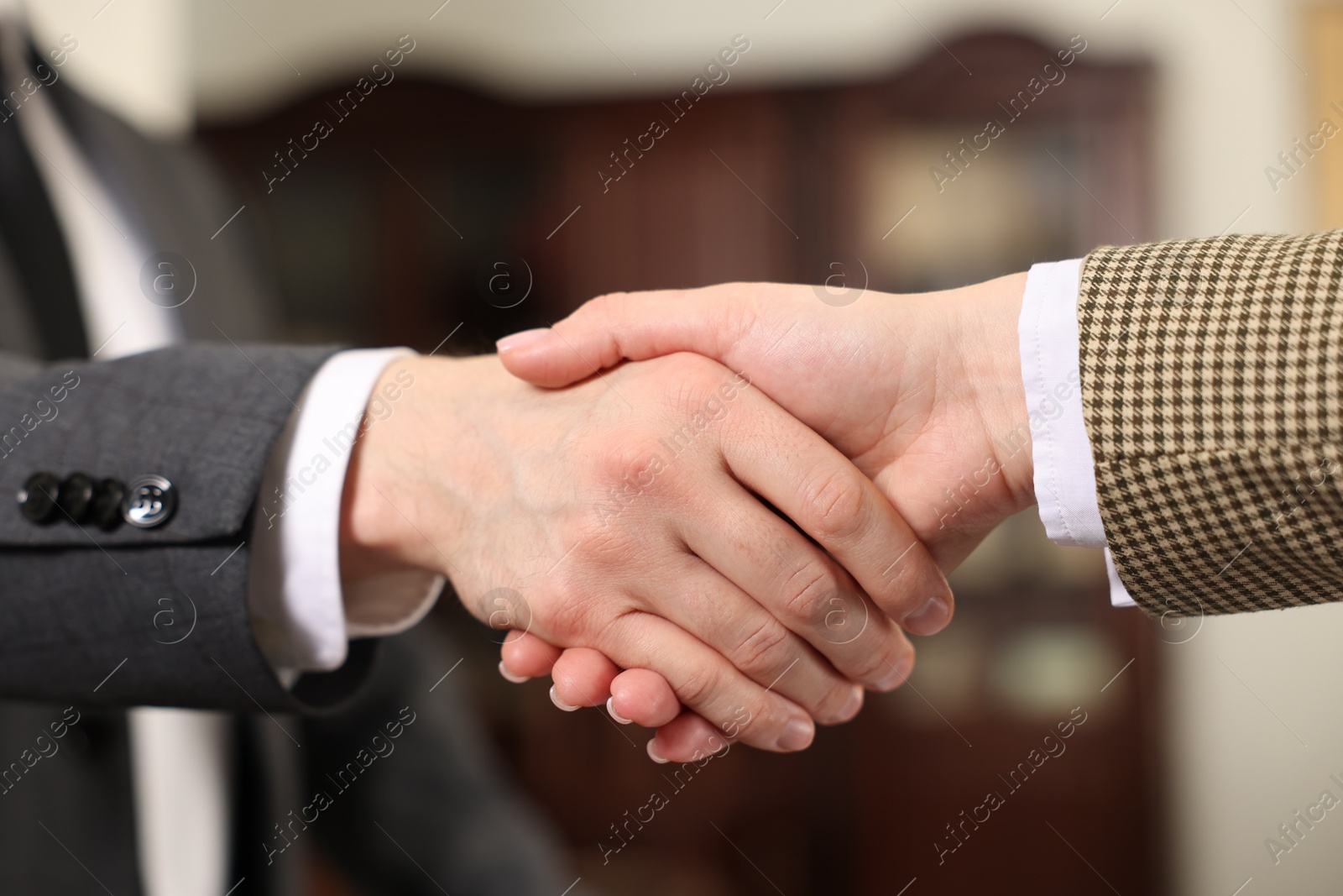 Photo of Notary shaking hands with client in office, closeup