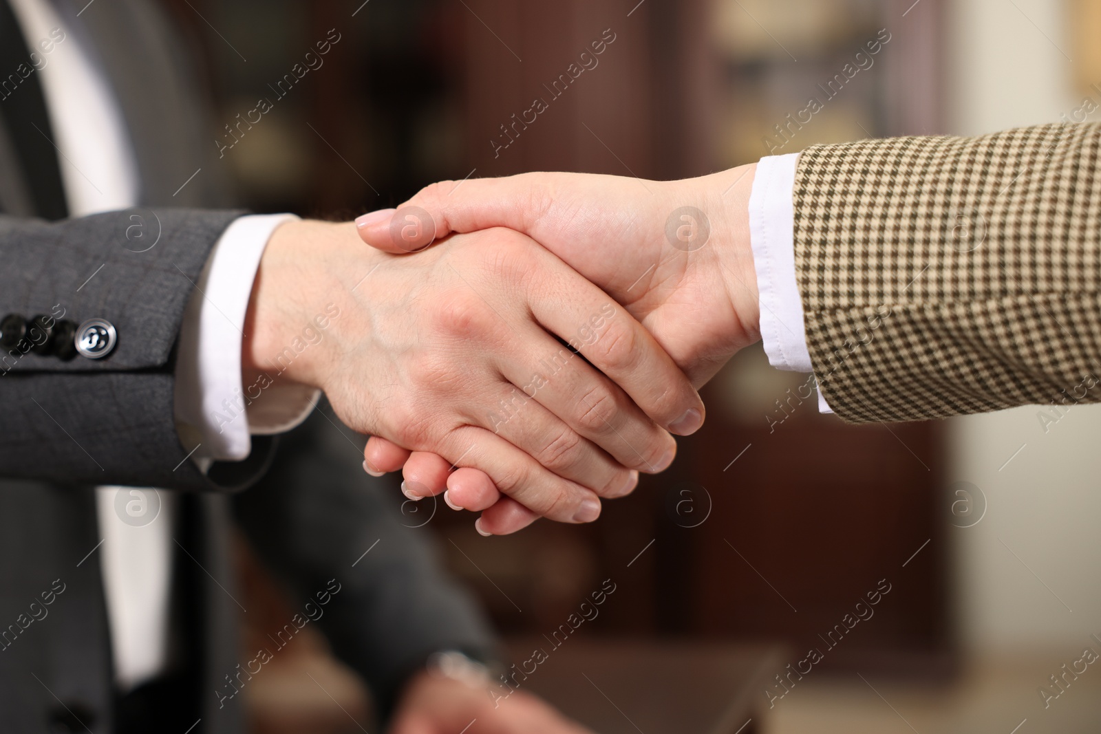 Photo of Notary shaking hands with client in office, closeup