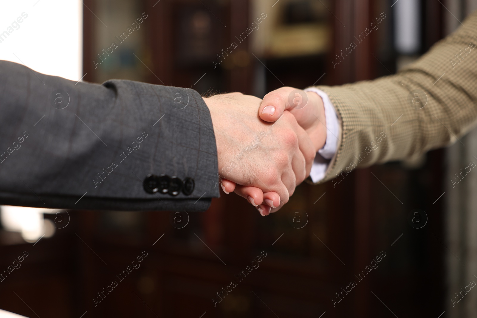 Photo of Notary shaking hands with client in office, closeup