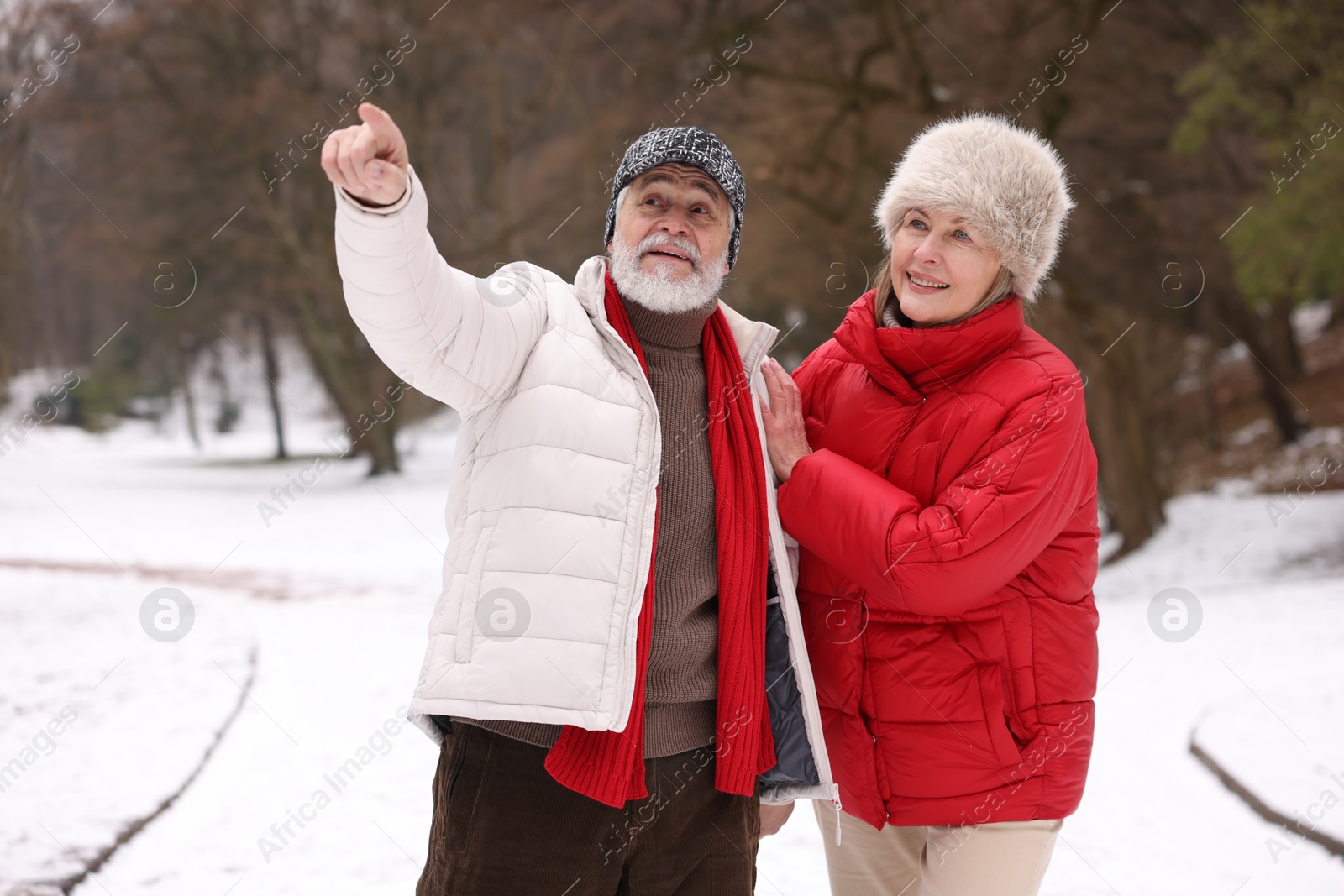 Photo of Happy senior couple walking at winter park