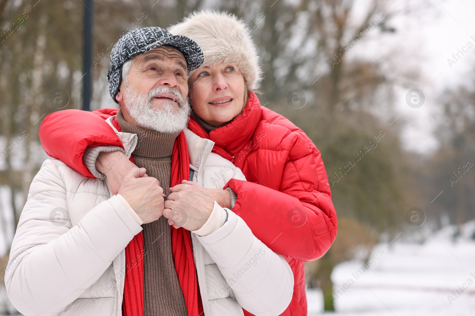 Photo of Happy senior couple at winter park. Space for text