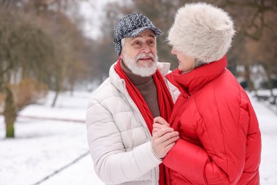 Photo of Happy senior couple at winter park. Space for text