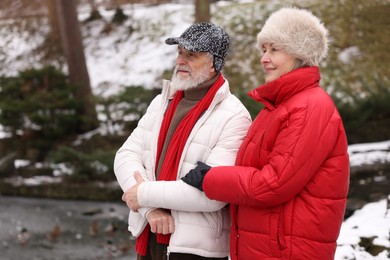 Photo of Lovely senior couple walking in park. Space for text