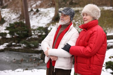 Photo of Lovely senior couple walking in park. Space for text