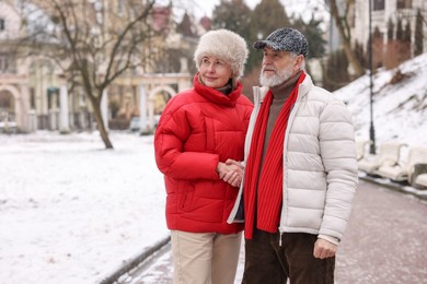 Photo of Lovely senior couple holding hands on winter day. Space for text