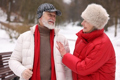 Photo of Happy senior couple walking at winter park