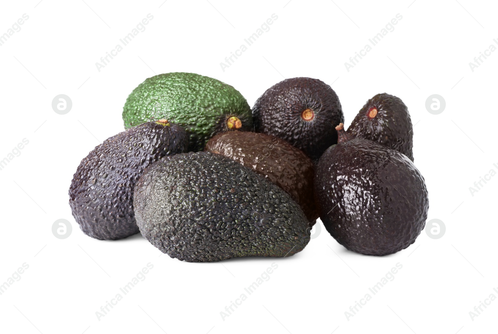 Photo of Many whole ripe avocados isolated on white