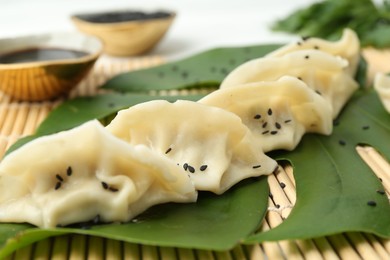 Photo of Tasty boiled gyoza (dumplings) with sesame and monstera leaf on bamboo mat, closeup