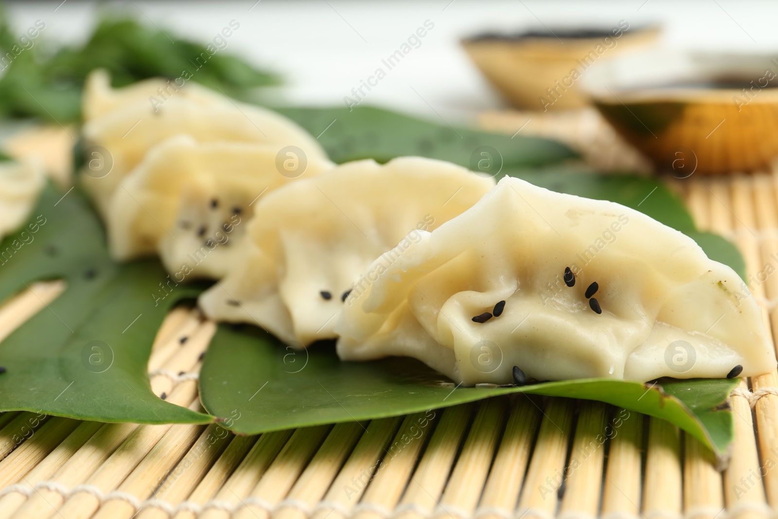 Photo of Tasty boiled gyoza (dumplings) with sesame and monstera leaf on bamboo mat, closeup