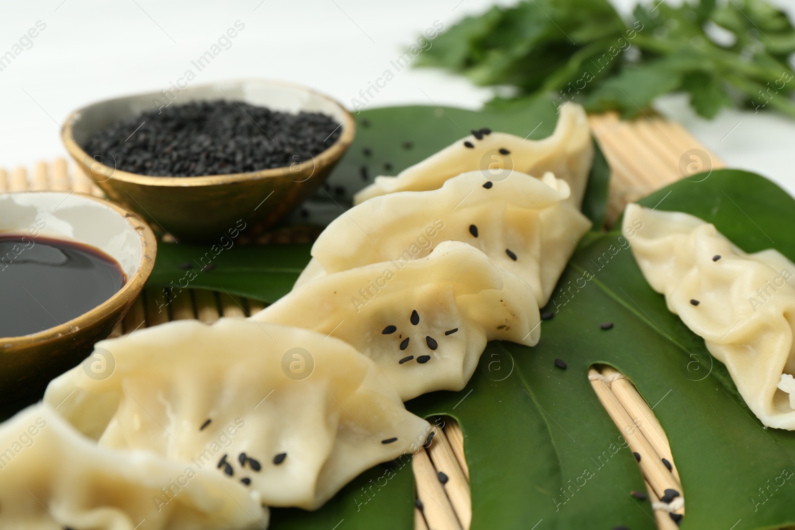 Photo of Tasty boiled gyoza (dumplings) served on white table, closeup