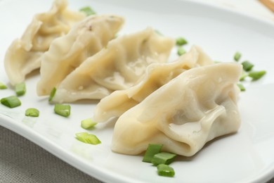 Photo of Tasty boiled gyoza (dumplings) with green onion on white table, closeup