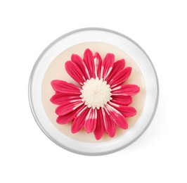 Photo of Beautiful pink flower-shaped candle isolated on white, top view