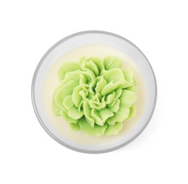 Photo of Beautiful green flower-shaped candle isolated on white, top view