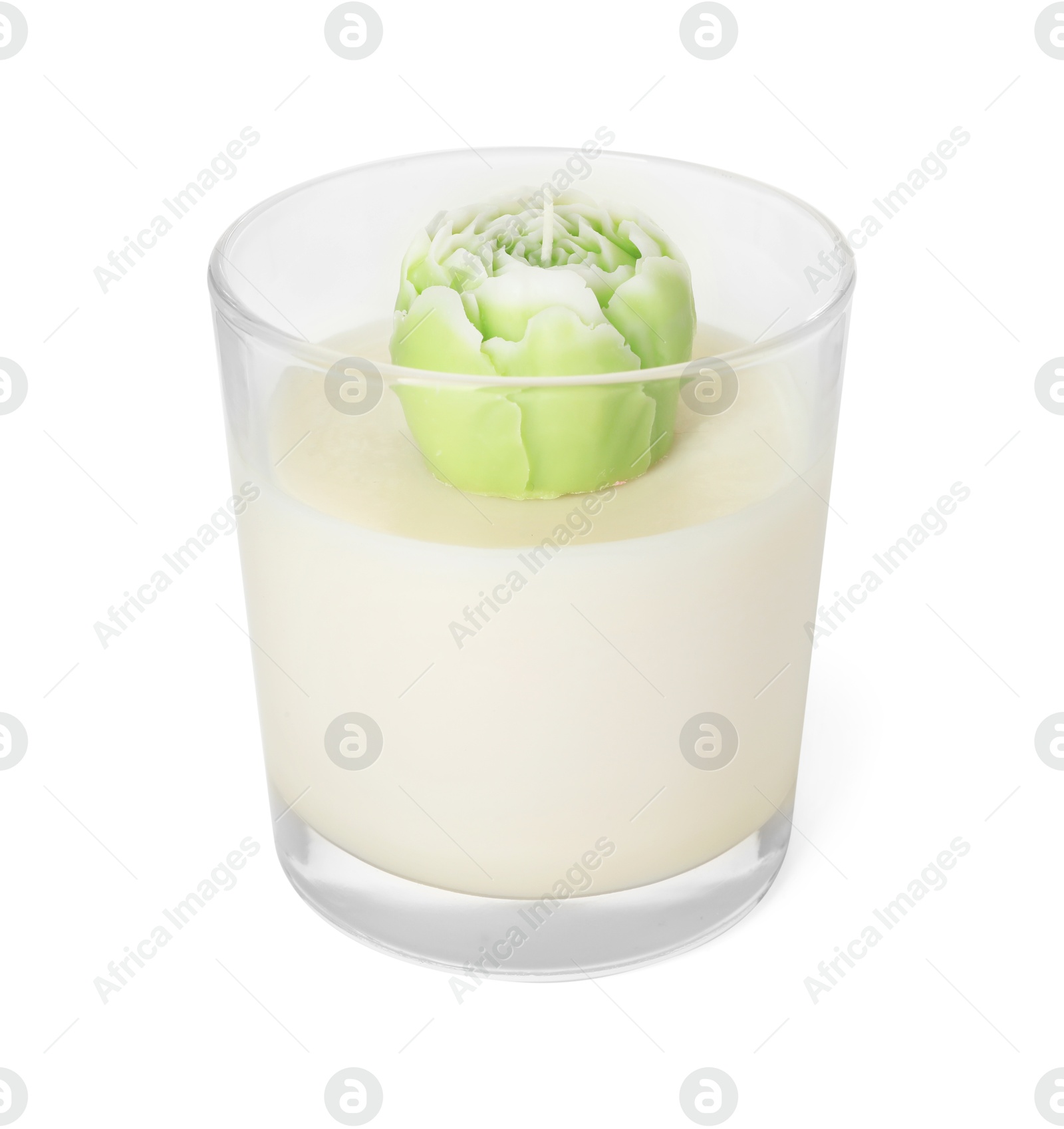 Photo of Beautiful green flower-shaped candle isolated on white