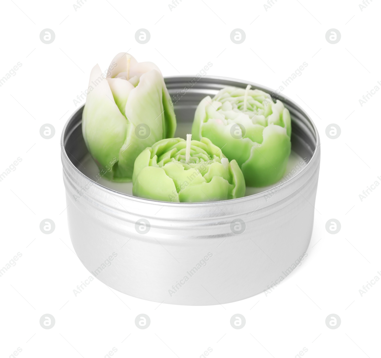 Photo of Beautiful green flower-shaped candles in jar isolated on white