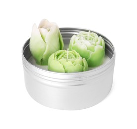 Photo of Beautiful green flower-shaped candles in jar isolated on white