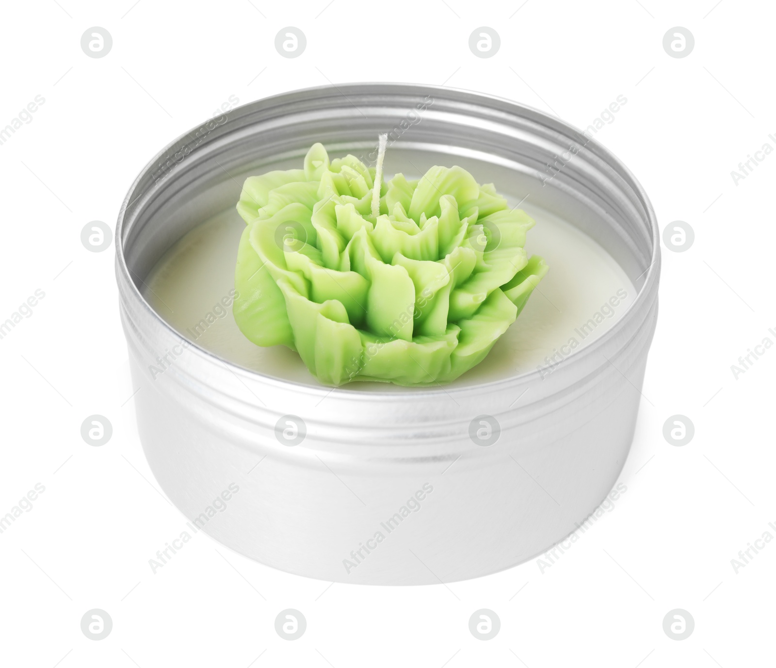 Photo of Beautiful green flower-shaped candle isolated on white