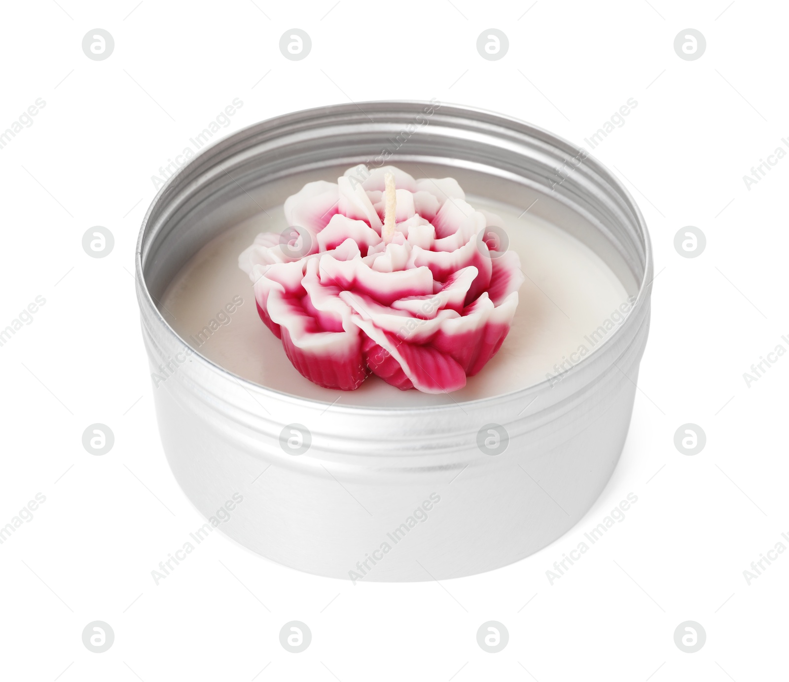 Photo of One beautiful flower-shaped candle isolated on white