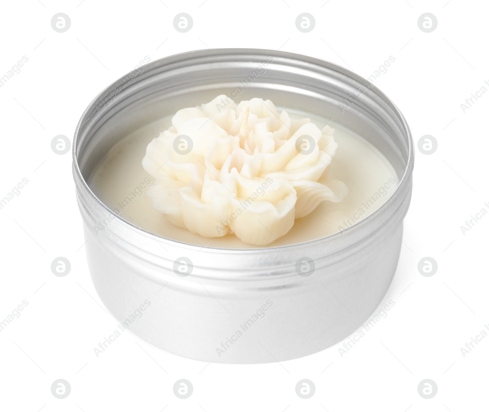 Photo of One beautiful flower-shaped candle isolated on white