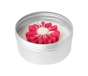 Photo of Beautiful pink flower-shaped candle isolated on white