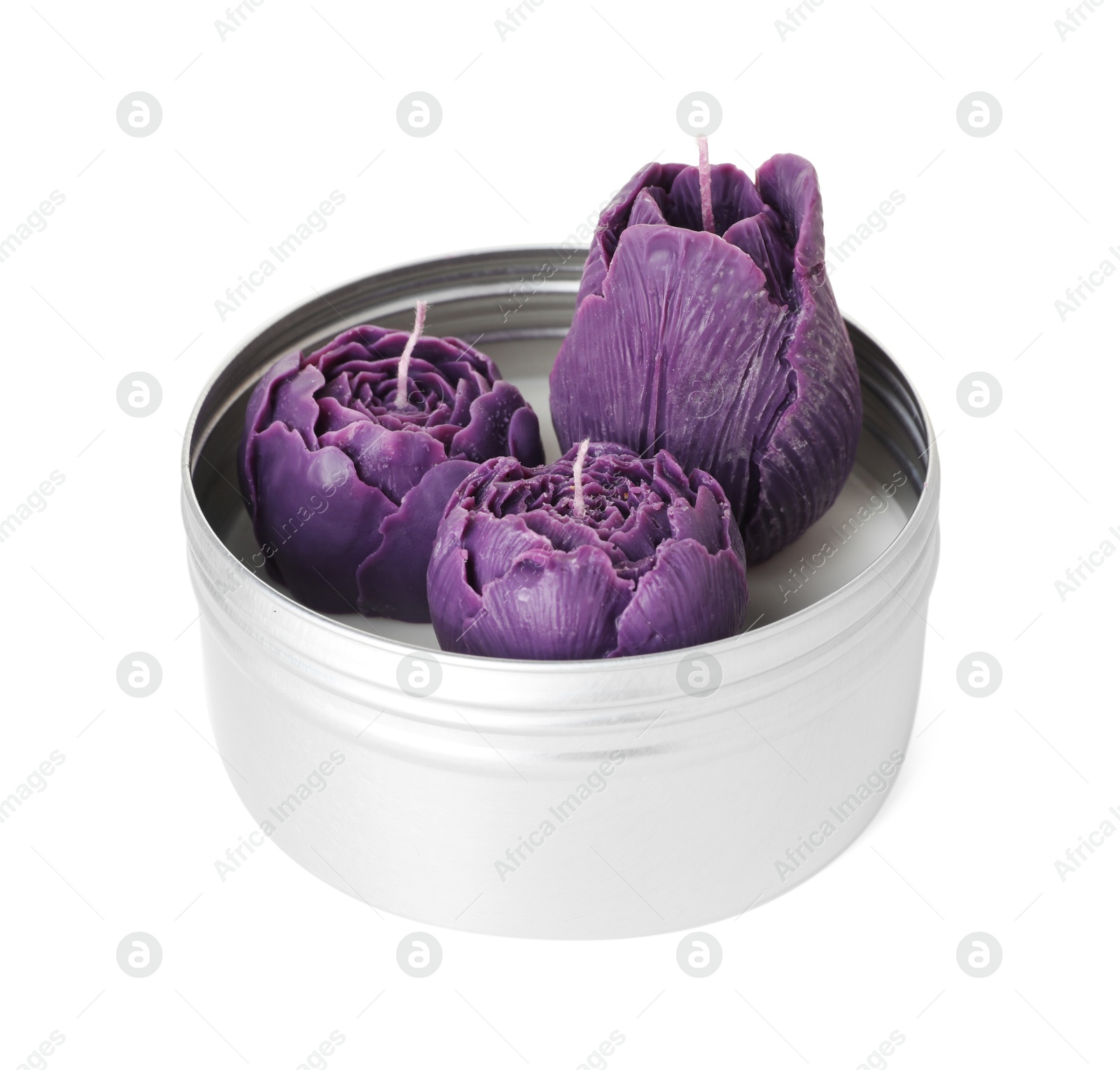 Photo of Beautiful violet flower-shaped candles in jar isolated on white