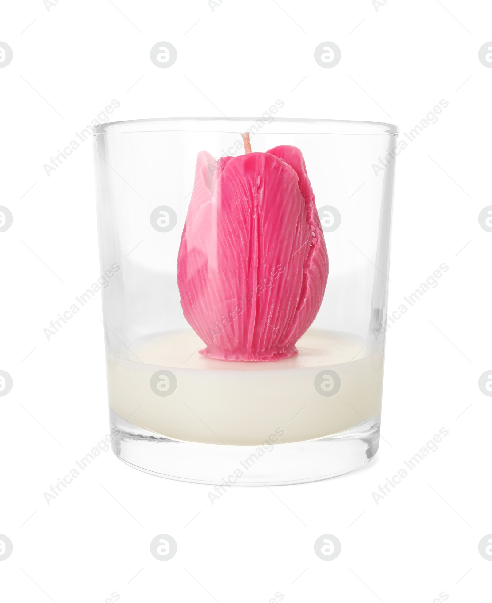 Photo of Beautiful pink flower-shaped candle isolated on white