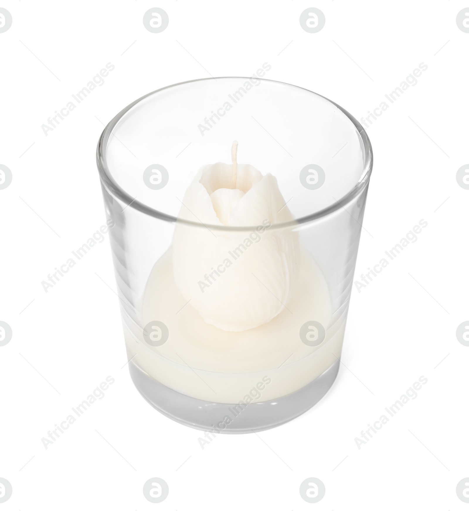 Photo of One beautiful flower-shaped candle isolated on white