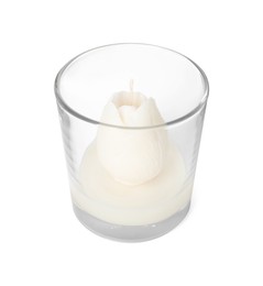 Photo of One beautiful flower-shaped candle isolated on white